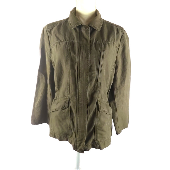 Loft Women's Sz Large Olive Green Jacket Zip Snap Utility Military Linen Blend - Picture 7 of 10